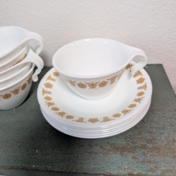 Vintage Corning Corelle Gold Butterfly Daisy Tea Coffee Cups w/ Saucers Set of 6 - Picture 5 of 8